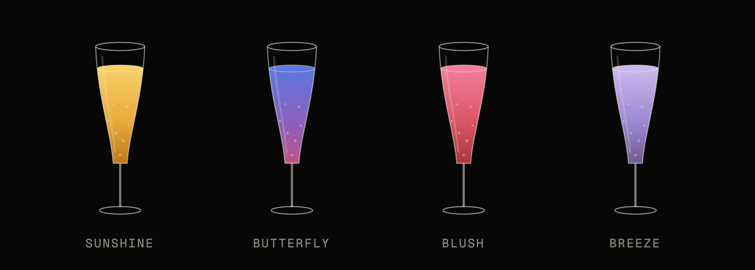 Four Lemonade Mimosas in flutes: Sunshine, Butterfly, Blush and Breeze