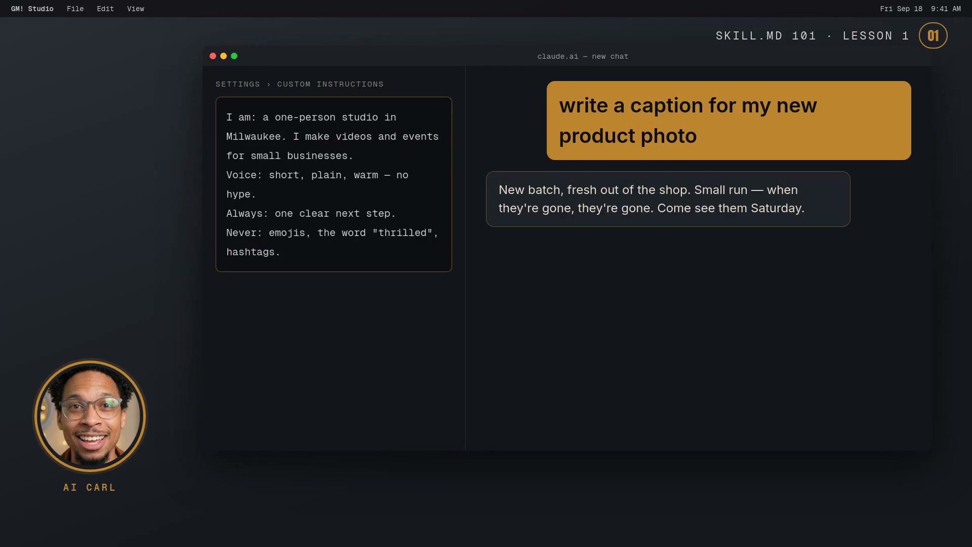 A frame from SKILL.md 101 Lesson 1: custom instructions on the left, the caption the agent wrote on the right