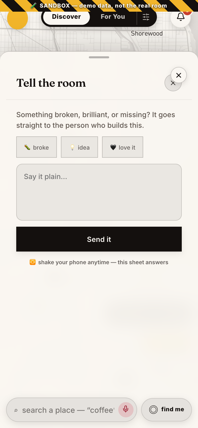 The Tell the room sheet in GM Spaces: buttons for broke, idea and love it, a plain text box, and a Send it button.